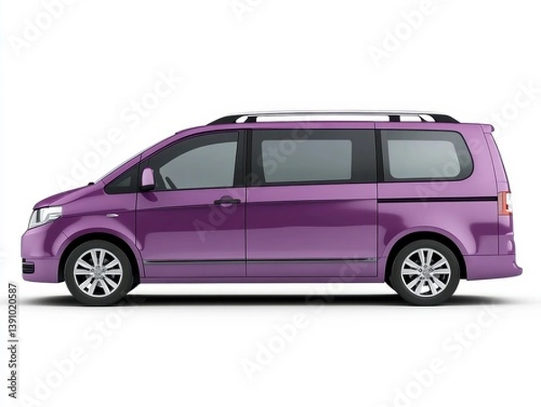 Fototapeta Violet Minivan with Sliding Doors Side View on White Background Family Transportation Vehicle with Shiny Metallic Chrome and Modern Design