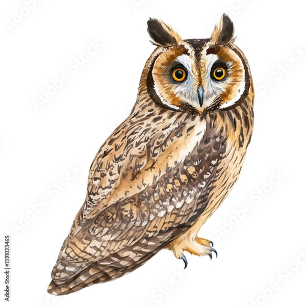 Obraz A watercolor painting of Long-eared owl, isolated on a white background. Long-eared owl vector

