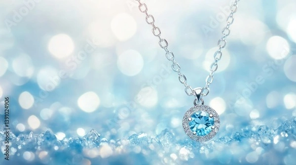 Obraz Fine necklace with aquamarine gemstone on gradient blue to white background, soft shine, no people
