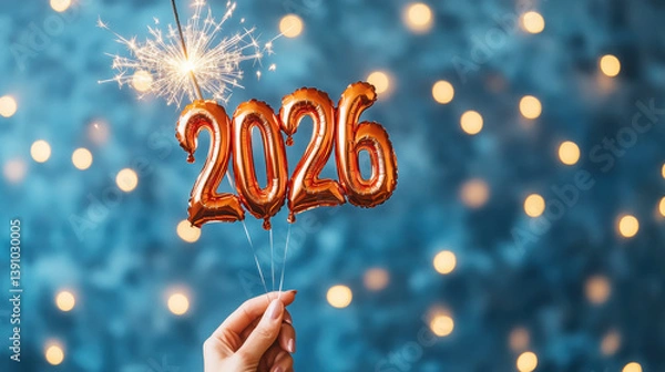 Fototapeta Celebrating new year 2026 with sparkler and balloons in festive decor