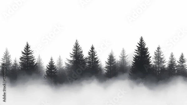 Fototapeta Misty Forest Silhouettes: Tranquil Nature Scene with Evergreen Trees in Black and White