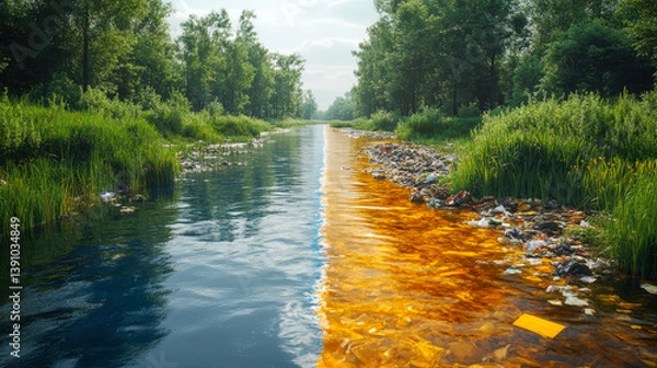 Fototapeta Clean and polluted river split showcasing environmental impact and pollution contrast in nature