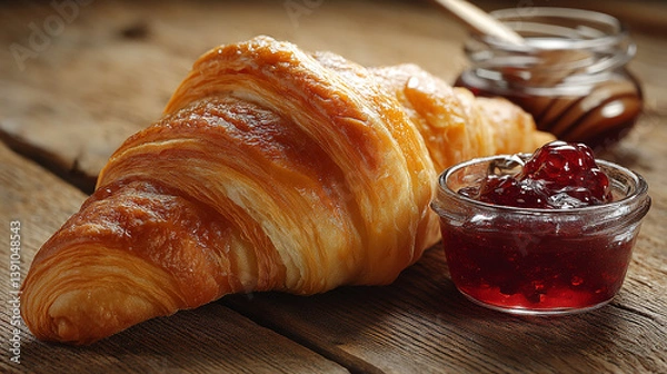 Obraz Fresh croissant with fruit jam on a light wooden background