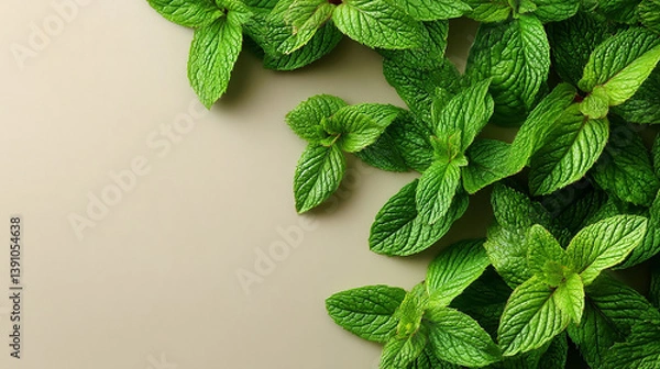Fototapeta Fresh mint leaves spread on a neutral backdrop