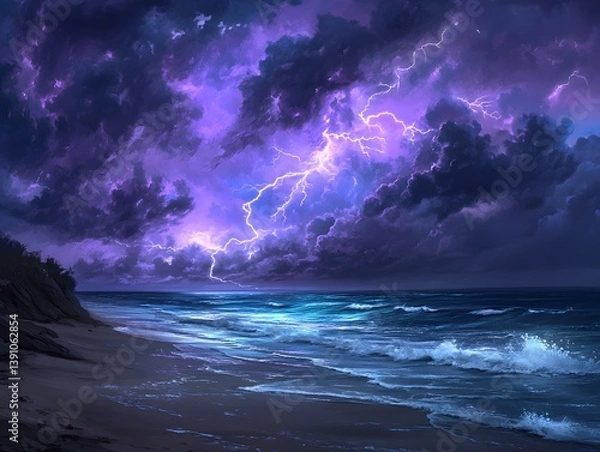 Fototapeta 54. Lightning striking the ocean in the distance during a beach storm