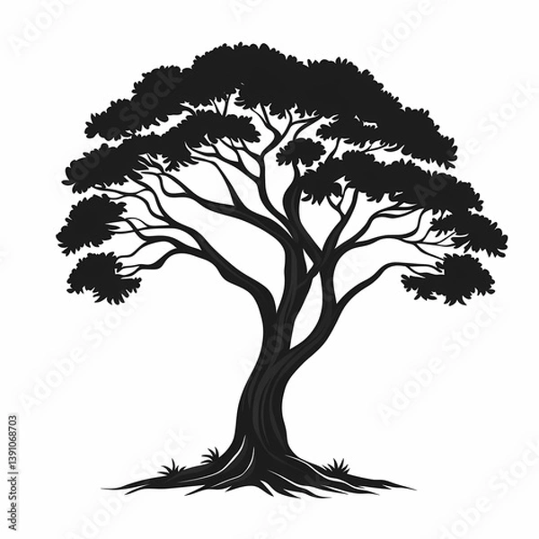 Fototapeta Eco-Friendly Black Silhouette Tree Illustration: Botanical Nature Art with Leafy Branches and Roots in a Serene Woodland Landscape