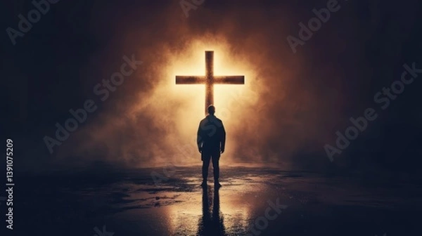 Obraz Man silhouette, facing glowing cross, dark night, smoky background, faith concept