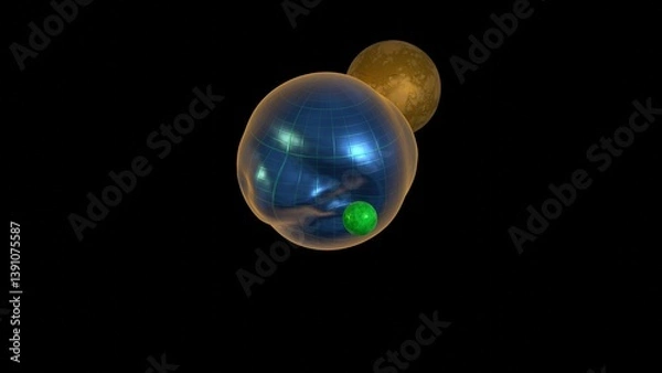 Obraz Two moons orbiting liquid planet. Tidal forces. Solid spherical objects gravitational pull, influence
on liquid sphere. Small balls orbit and deform larger one. 3d render illustration.