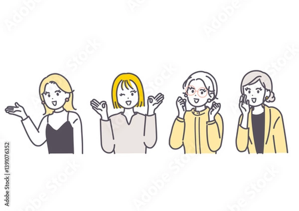 Fototapeta 色々なポーズをとる女性のイラスト素材