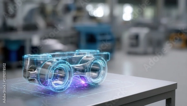Fototapeta Holographic 3D model of mechanical part on table, futuristic workshop setting.