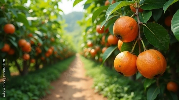 Fototapeta row orange trees ripe oranges hanging their branches trees full bloom oranges bright orange color background blurred appears garden farm dirt path winding through trees sky blue overall mood peaceful
