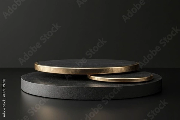 Fototapeta Dark, modern, minimalist display podium.  Two circular, layered platforms, dark gray with gold accents, on a dark background.  Elevated, elegant, and sophisticated aesthetic for product presentation