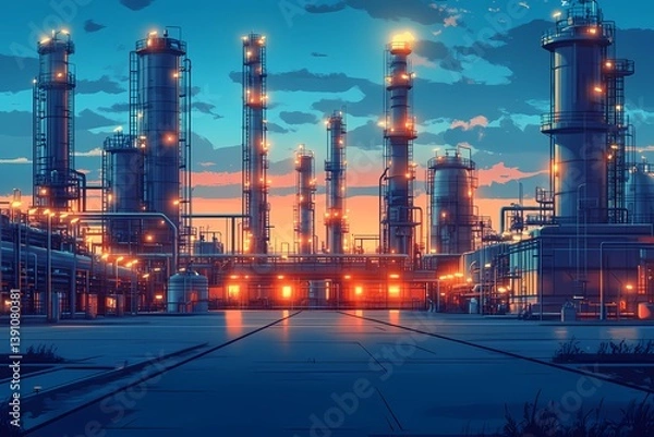 Fototapeta Industrial Refinery Cityscape: Vibrant Skyline and Illuminated Architecture at Dusk