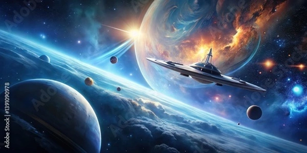 Fototapeta A Futuristic Spaceship Soars Through a Vibrant, Star-Studded Cosmos, Orbiting Gaseous Planets and Celestial Bodies