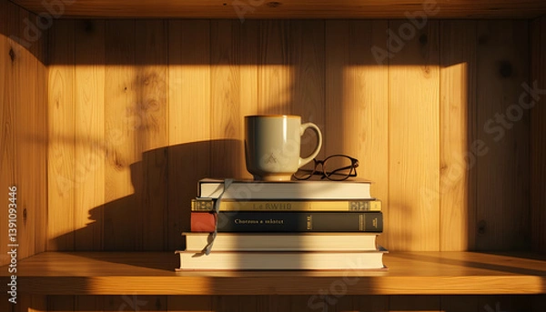 Fototapeta Still Life of Books Mug and Eyeglasses on Shelf Warm Light