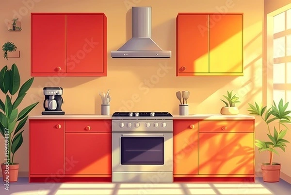 Fototapeta Modern Kitchen Interior Design with Orange Cabinets and Cozy Home Decor