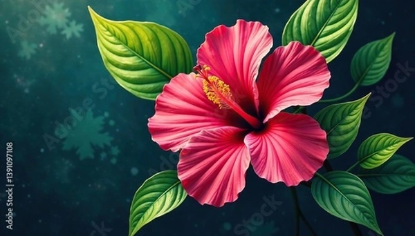 Obraz Vibrant painted hibiscus, tropical leaves, continuous print, lush, summer, repeat