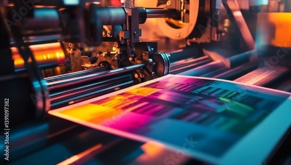 Fototapeta High-speed color printing press in action.  Complex machinery processes vibrant printed material