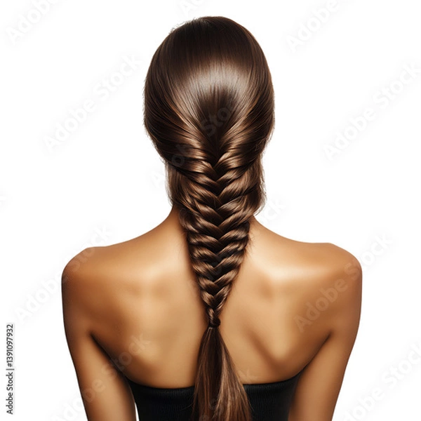 Fototapeta A Woman with Sleek Long Hair Styled into a Cascading Fishtail Braid Isolated on Transparent Background