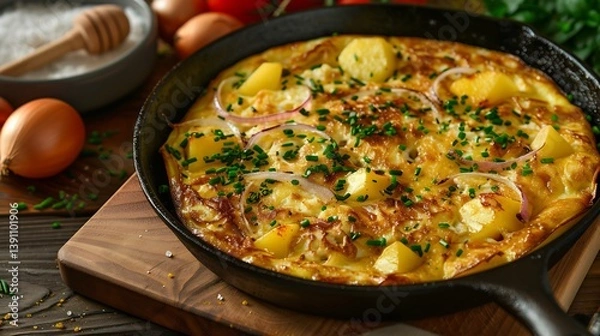 Fototapeta Vibrant Spanish tortilla from Europe with fluffy eggs potatoes and onions captured in a dynamic high resolution traditional culinary art style