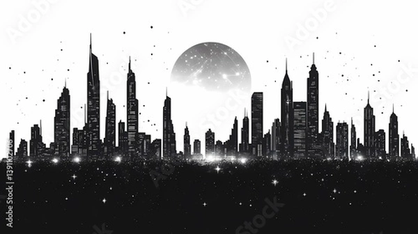 Fototapeta Monochrome Night Cityscape Silhouette Featuring Modern Urban Skyline Under Starry Night Sky – Dramatic Abstract Digital Art in Black and White