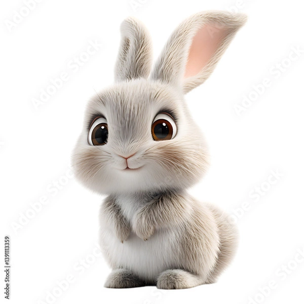 Fototapeta Fluffy 3D Cartoon Rabbit with Long Droopy Ears and White Fur Isolated on Transparent Background