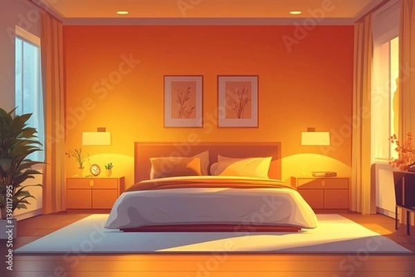 Fototapeta Cozy and Modern Bedroom Interior Design with Warm Lighting and Orange Accents for a Luxurious and Serene Atmosphere
