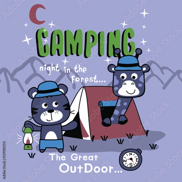 Fototapeta Cartoon tiger and giraffe camping at night in forest with tent stars and lantern. Outdoor adventure concept
