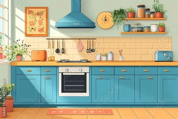 Fototapeta Modern Bright Kitchen with Blue Cabinets, Decorative Plants, and Natural Light