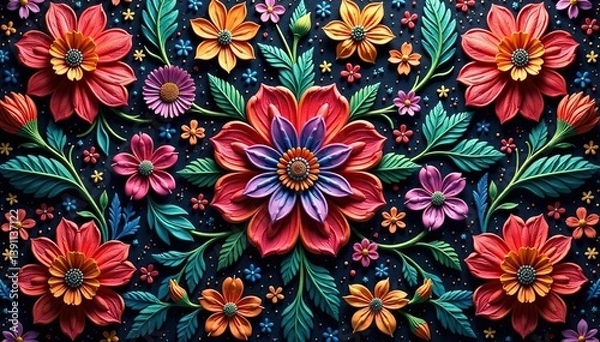 Fototapeta Intricate woven threads, rich colors, floral motifs, decor, needlework, craft