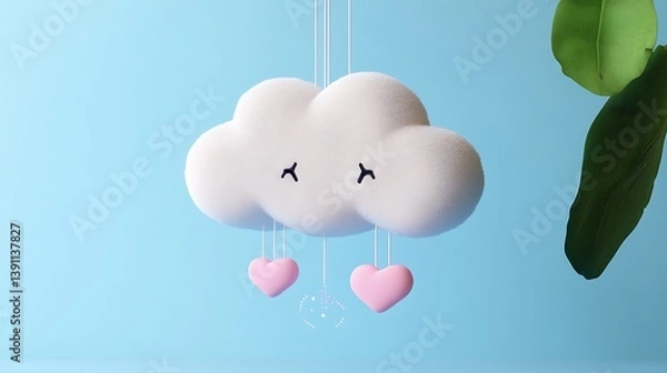 Fototapeta A whimsical cloud, adorned with hearts, hangs gently.  Delicate pastel colors evoke a soft, romantic mood