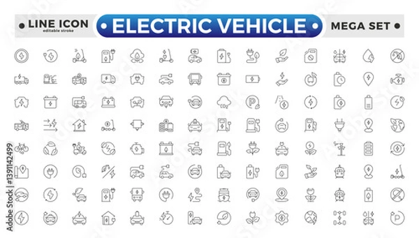 Fototapeta Electric Vehicle outline icons set. electric vehicle charging station, EV plug, bus, motorcycle, energy recovery, smart e car. Editable stroke outline icon.