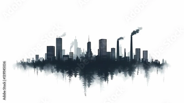 Fototapeta Urban Skyline Silhouette. Modern Black and White Industrial Cityscape Illustration with Smoke and Eco-Friendly Contrast
