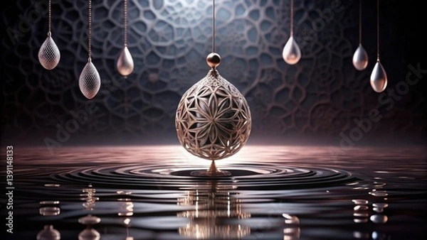 Obraz Intricate Metallic Ornament Descending onto a Still Dark Liquid Surface with Hanging Decorative Elements