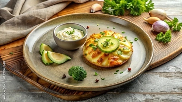 Obraz Savory Potato and Vegetable Tart with Creamy Yogurt Dip, Garnished with Fresh Herbs and Avocado Slices on a Rustic Wooden Board