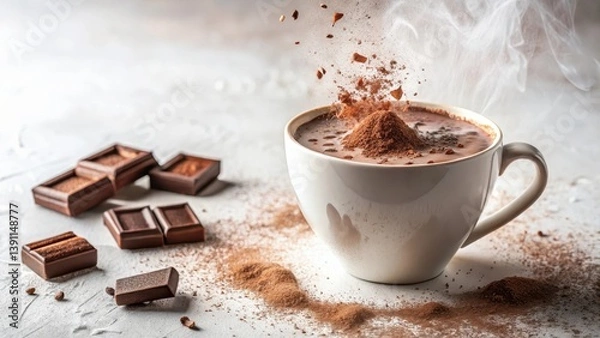 Obraz Aromatic Hot Chocolate with Cocoa Powder Falling into a Steaming Mug and Chocolate Pieces Nearby
