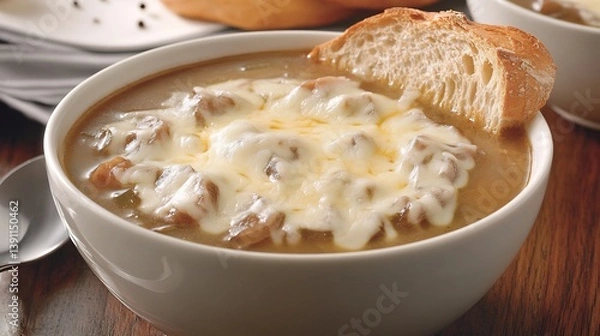 Fototapeta Bowl of French onion soup topped with melted cheese and a slice of baguette