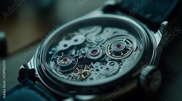 Fototapeta Close-up view of a watch's intricate inner workings.  Precisely crafted gears and components are visible through the transparent watch back