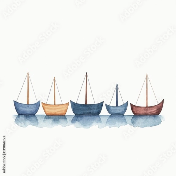 Fototapeta A collection of five colorful boats with sails, reflecting on calm water, depicted in a minimalistic watercolor style.