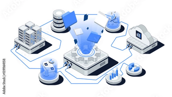 Obraz Isometric Data Management Vector Illustration. Cloud Storage, Business Computing, Datacenter and Technology Concept.