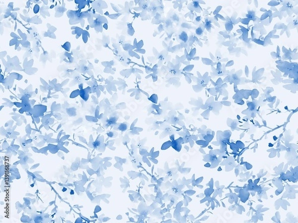 Obraz Seamless pattern of abstract indigo blue floral motifs painted in watercolor. Hand-drawn cherry blossom textile design for spring.