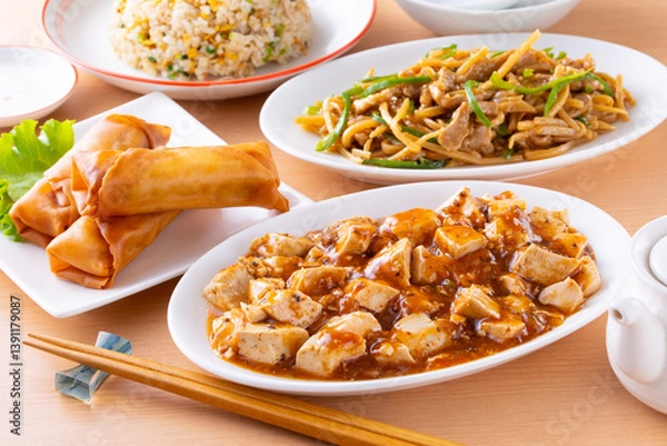 Obraz 中華料理店で麻婆豆腐や青椒肉絲を食べる