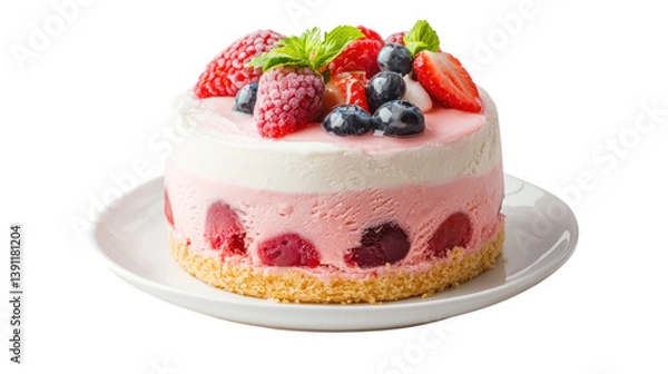 Fototapeta Delicious strawberry cake with cutout background bakery display dessert photography bright environment close-up view