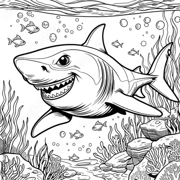 Obraz This bold and detailed black-and-white shark illustration is perfect for coloring activities! The friendly yet fierce shark is swimming confidently through the ocean, surrounded by small fish.