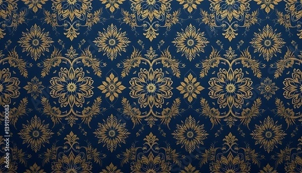 Fototapeta Elegant Damask Pattern Background with Floral Ornament in Gold and Blue