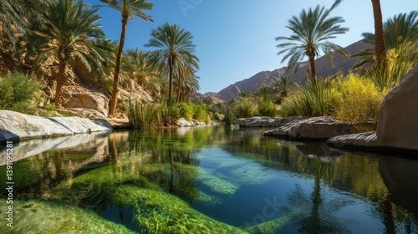 Fototapeta Tranquil oasis with crystal-clear water reflecting palm trees and mountains under a clear blue sky.