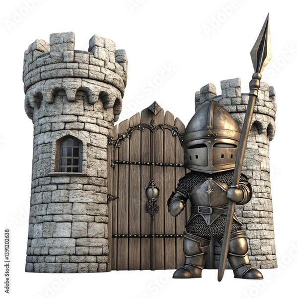 Fototapeta A 3D Cartoon Knight with Spear Defending a Castle Isolated on Transparent Background