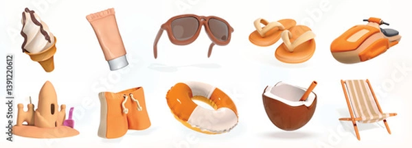 Fototapeta Summer Beach Accessories 3d icon set with jet ski, beach lounger, lifebuoy. sun cream isolated 3d vector illustration