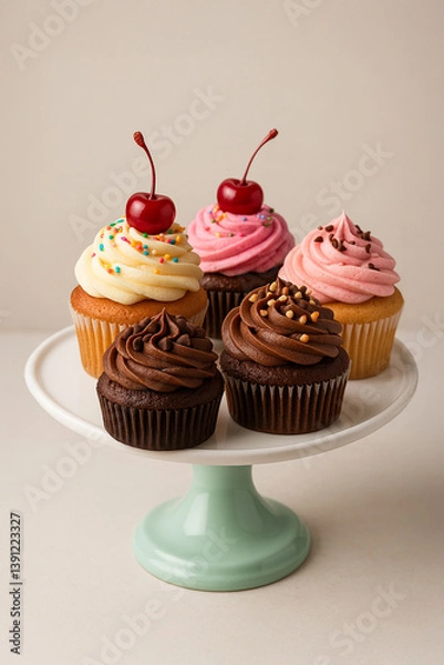 Fototapeta Cupcakes with pink, chocolate and vanilla frosting on display