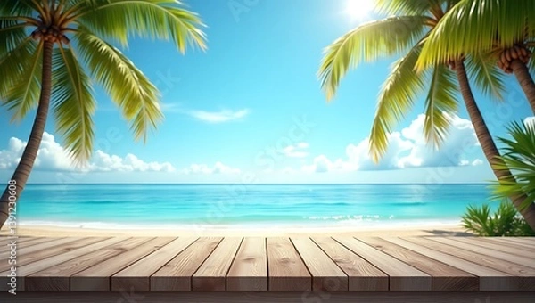Obraz Idyllic tropical beach scene wooden deck turquoise ocean sunny sky lush palm trees